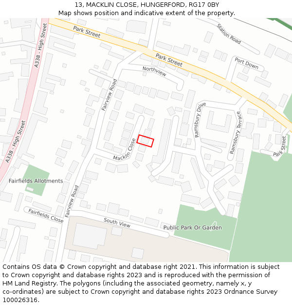 13, MACKLIN CLOSE, HUNGERFORD, RG17 0BY: Location map and indicative extent of plot