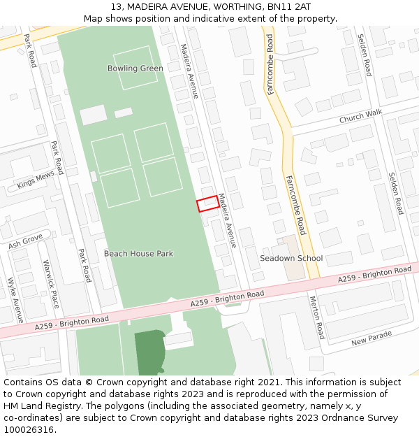 13, MADEIRA AVENUE, WORTHING, BN11 2AT: Location map and indicative extent of plot