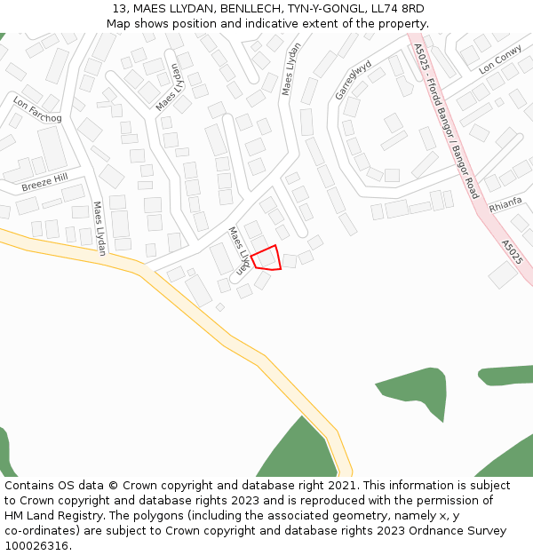 13, MAES LLYDAN, BENLLECH, TYN-Y-GONGL, LL74 8RD: Location map and indicative extent of plot