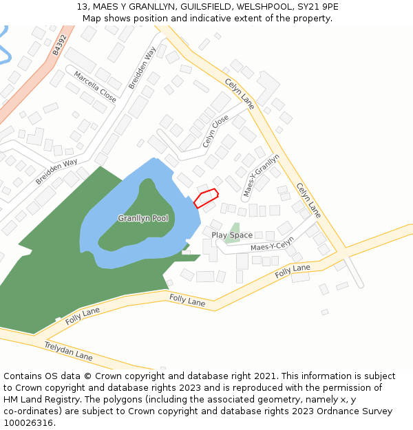 13, MAES Y GRANLLYN, GUILSFIELD, WELSHPOOL, SY21 9PE: Location map and indicative extent of plot