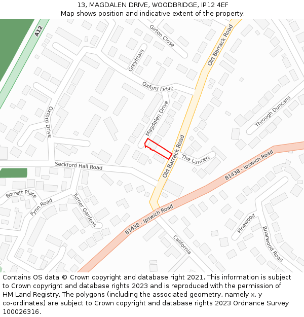 13, MAGDALEN DRIVE, WOODBRIDGE, IP12 4EF: Location map and indicative extent of plot