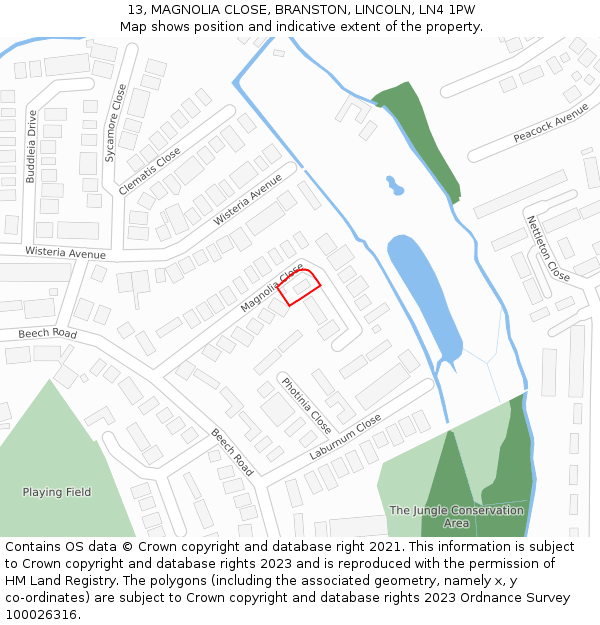 13, MAGNOLIA CLOSE, BRANSTON, LINCOLN, LN4 1PW: Location map and indicative extent of plot