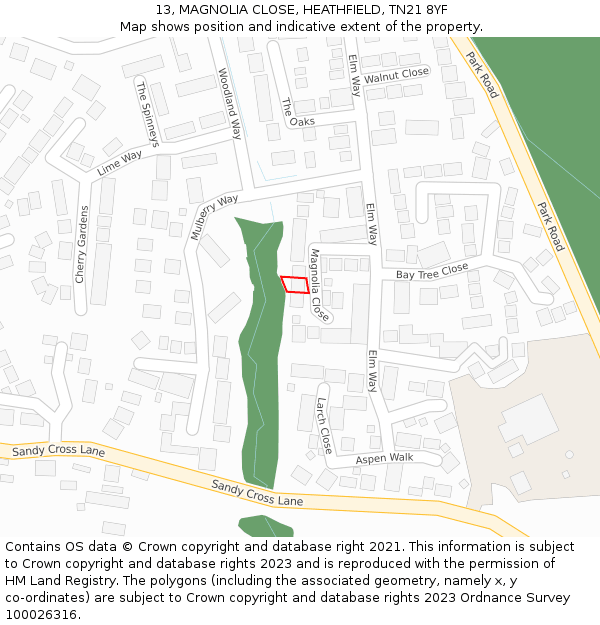 13, MAGNOLIA CLOSE, HEATHFIELD, TN21 8YF: Location map and indicative extent of plot