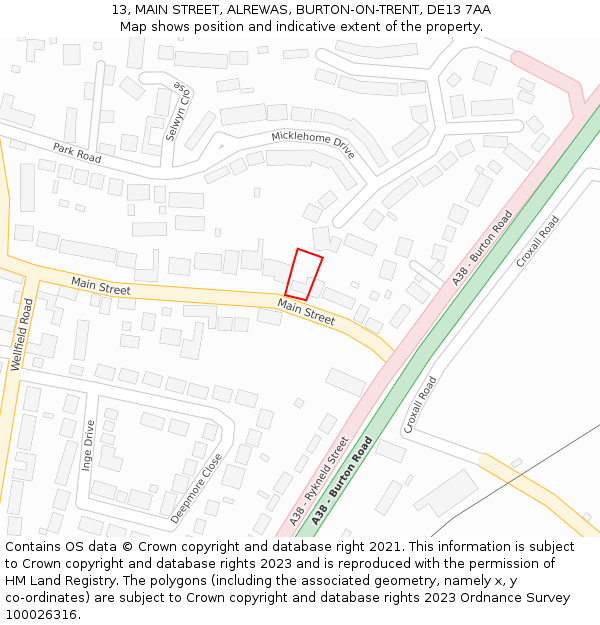 13, MAIN STREET, ALREWAS, BURTON-ON-TRENT, DE13 7AA: Location map and indicative extent of plot