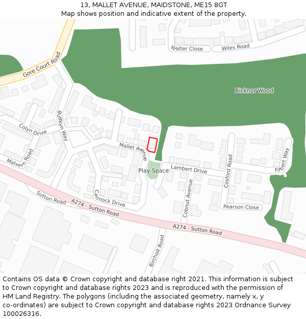 13, MALLET AVENUE, MAIDSTONE, ME15 8GT: Location map and indicative extent of plot
