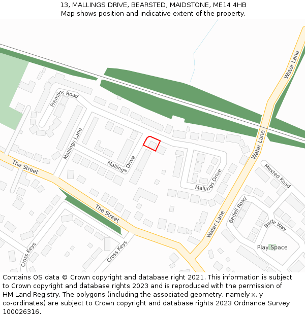 13, MALLINGS DRIVE, BEARSTED, MAIDSTONE, ME14 4HB: Location map and indicative extent of plot