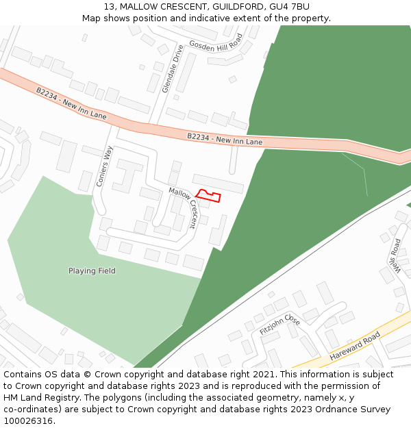 13, MALLOW CRESCENT, GUILDFORD, GU4 7BU: Location map and indicative extent of plot