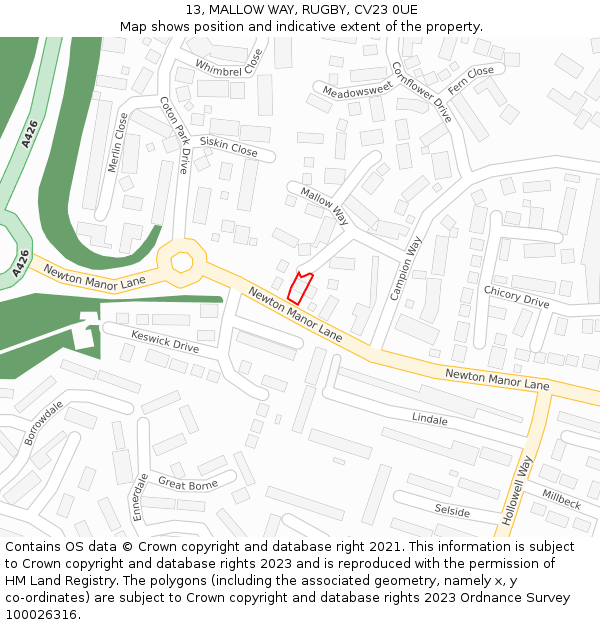 13, MALLOW WAY, RUGBY, CV23 0UE: Location map and indicative extent of plot