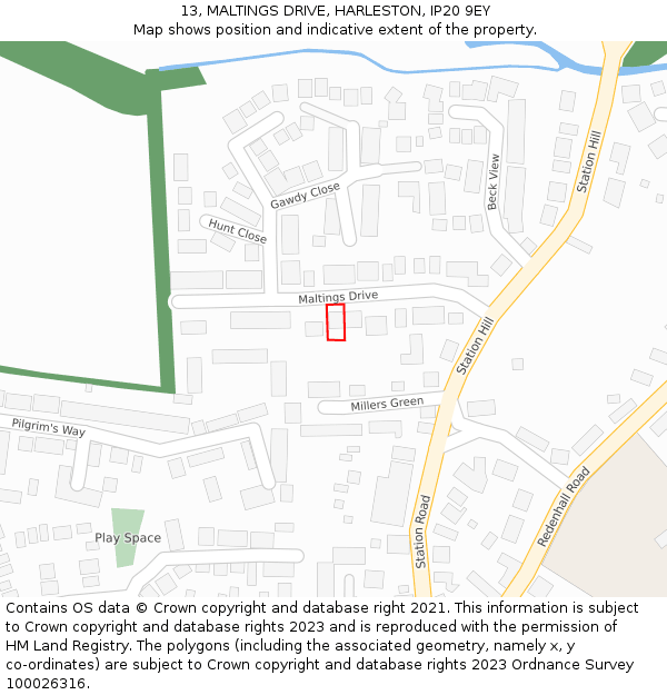 13, MALTINGS DRIVE, HARLESTON, IP20 9EY: Location map and indicative extent of plot