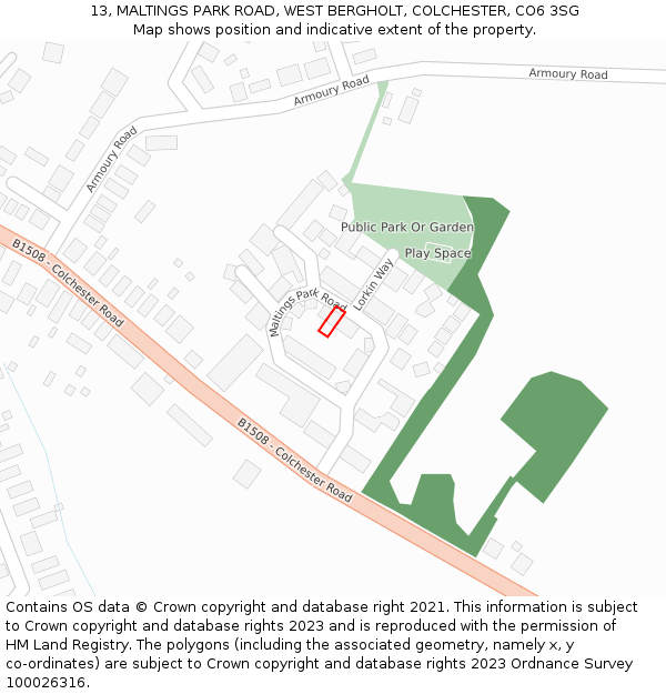 13, MALTINGS PARK ROAD, WEST BERGHOLT, COLCHESTER, CO6 3SG: Location map and indicative extent of plot
