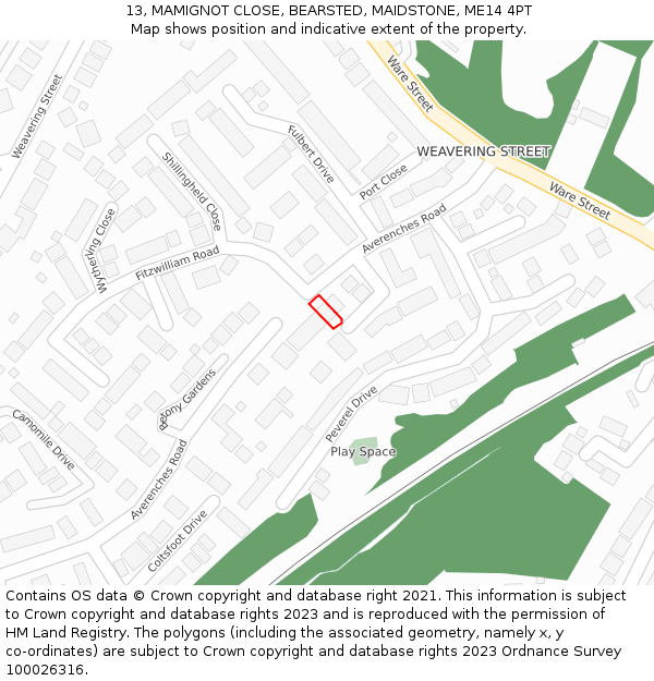 13, MAMIGNOT CLOSE, BEARSTED, MAIDSTONE, ME14 4PT: Location map and indicative extent of plot