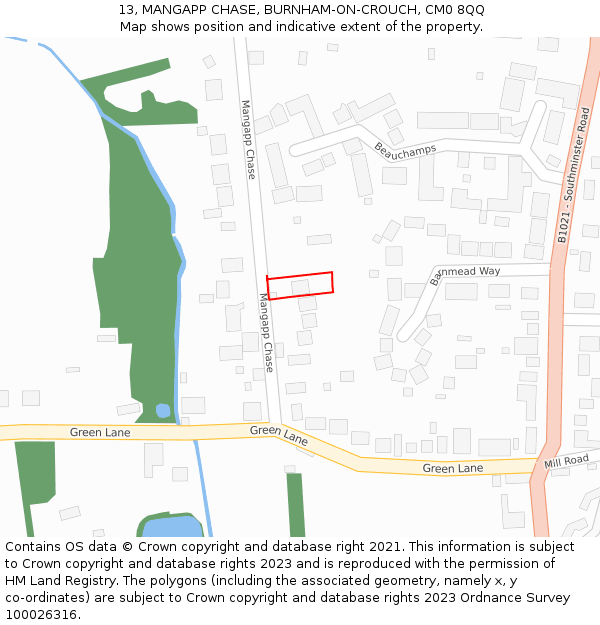 13, MANGAPP CHASE, BURNHAM-ON-CROUCH, CM0 8QQ: Location map and indicative extent of plot