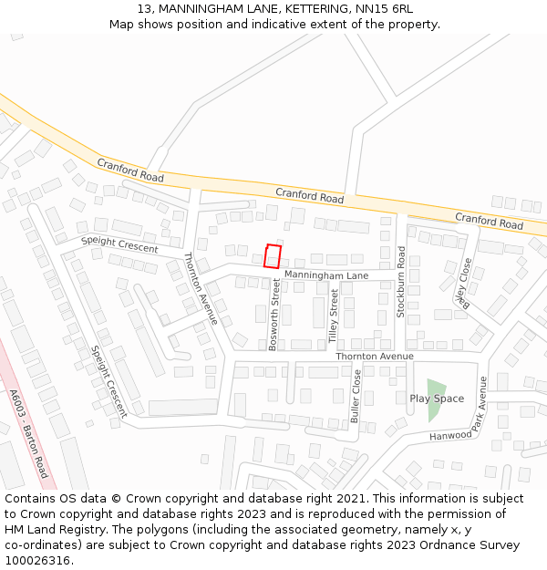 13, MANNINGHAM LANE, KETTERING, NN15 6RL: Location map and indicative extent of plot