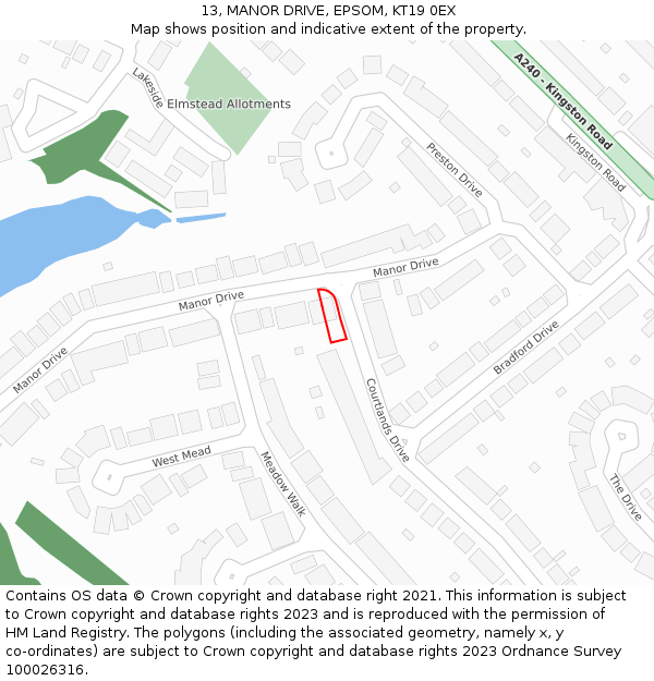 13, MANOR DRIVE, EPSOM, KT19 0EX: Location map and indicative extent of plot