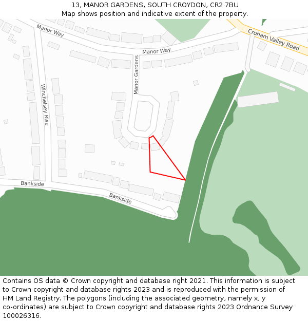 13, MANOR GARDENS, SOUTH CROYDON, CR2 7BU: Location map and indicative extent of plot