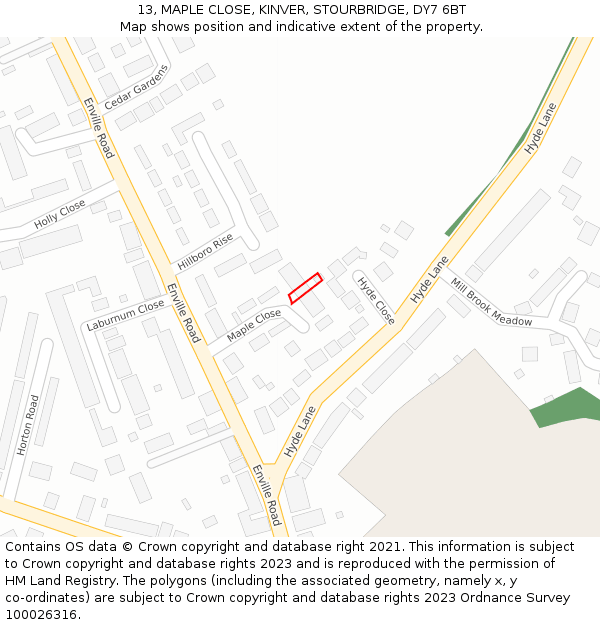 13, MAPLE CLOSE, KINVER, STOURBRIDGE, DY7 6BT: Location map and indicative extent of plot