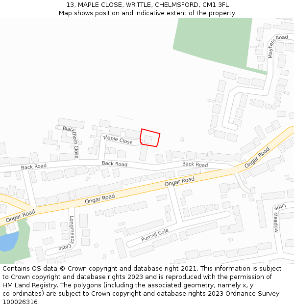 13, MAPLE CLOSE, WRITTLE, CHELMSFORD, CM1 3FL: Location map and indicative extent of plot