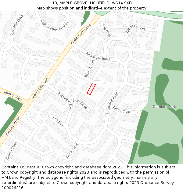 13, MAPLE GROVE, LICHFIELD, WS14 9XB: Location map and indicative extent of plot