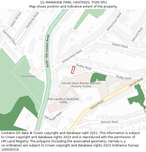 13, MARIANNE PARK, HASTINGS, TN35 5PU: Location map and indicative extent of plot