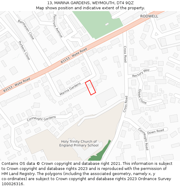 13, MARINA GARDENS, WEYMOUTH, DT4 9QZ: Location map and indicative extent of plot