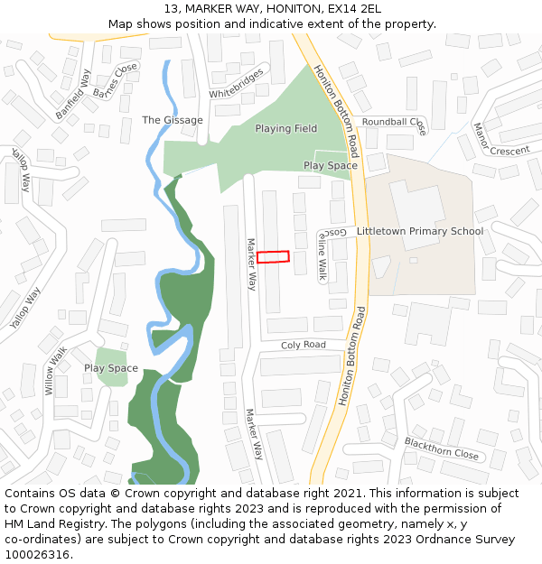 13, MARKER WAY, HONITON, EX14 2EL: Location map and indicative extent of plot