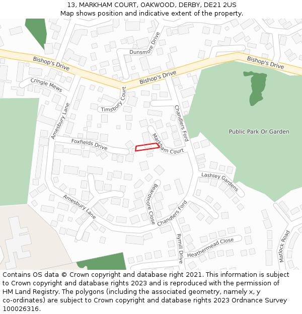 13, MARKHAM COURT, OAKWOOD, DERBY, DE21 2US: Location map and indicative extent of plot