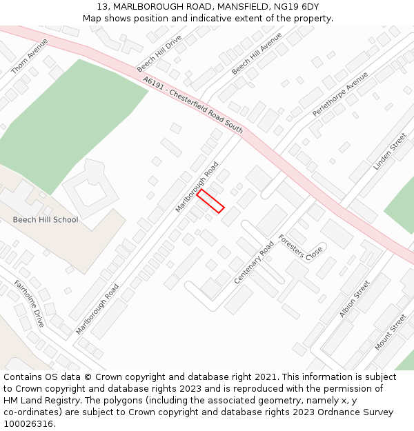 13, MARLBOROUGH ROAD, MANSFIELD, NG19 6DY: Location map and indicative extent of plot