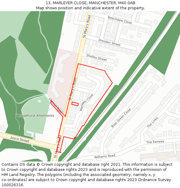 13, MARLEYER CLOSE, MANCHESTER, M40 0AB: Location map and indicative extent of plot