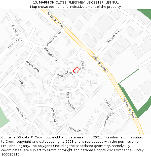 13, MARMION CLOSE, FLECKNEY, LEICESTER, LE8 8UL: Location map and indicative extent of plot