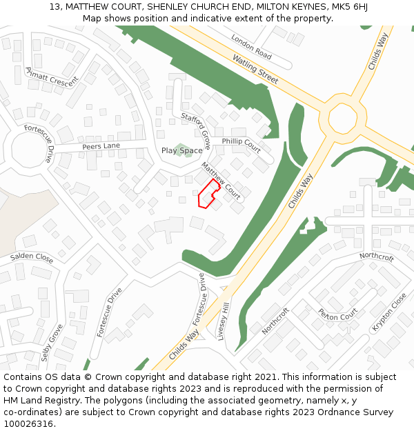 13, MATTHEW COURT, SHENLEY CHURCH END, MILTON KEYNES, MK5 6HJ: Location map and indicative extent of plot