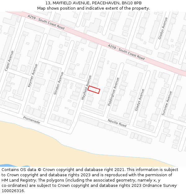 13, MAYFIELD AVENUE, PEACEHAVEN, BN10 8PB: Location map and indicative extent of plot