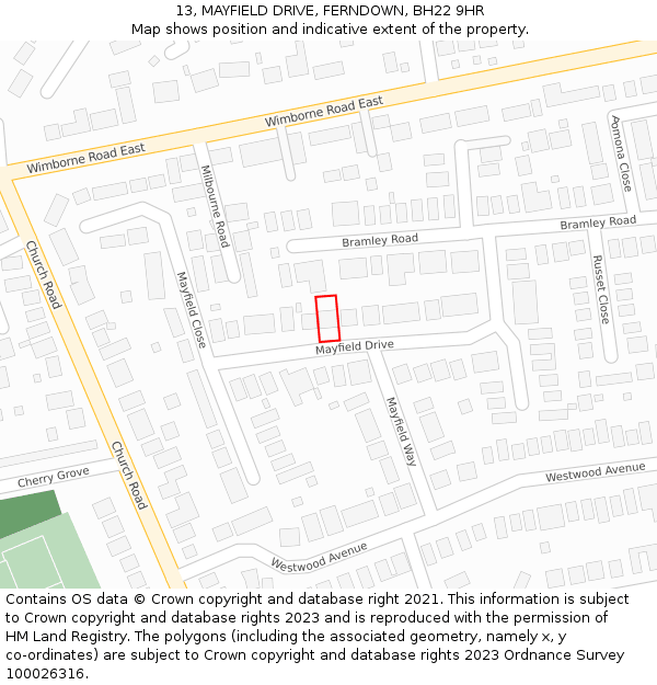 13, MAYFIELD DRIVE, FERNDOWN, BH22 9HR: Location map and indicative extent of plot