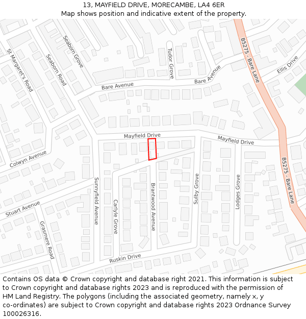 13, MAYFIELD DRIVE, MORECAMBE, LA4 6ER: Location map and indicative extent of plot