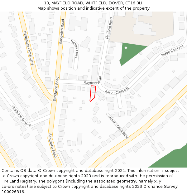 13, MAYFIELD ROAD, WHITFIELD, DOVER, CT16 3LH: Location map and indicative extent of plot