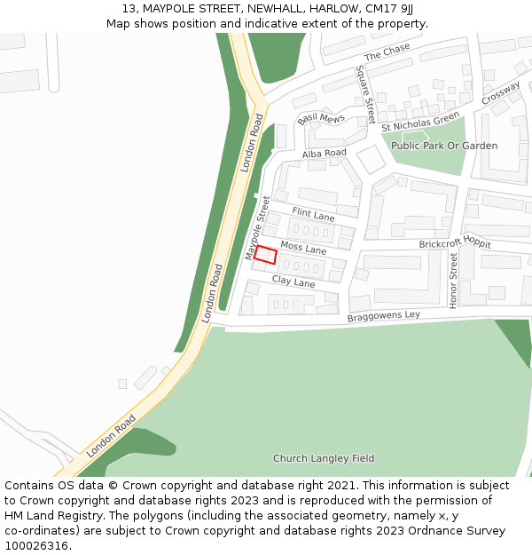 13, MAYPOLE STREET, NEWHALL, HARLOW, CM17 9JJ: Location map and indicative extent of plot