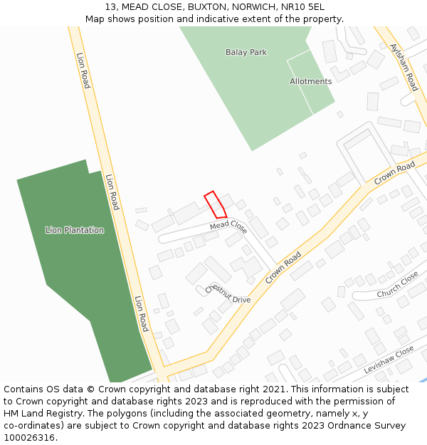 13, MEAD CLOSE, BUXTON, NORWICH, NR10 5EL: Location map and indicative extent of plot