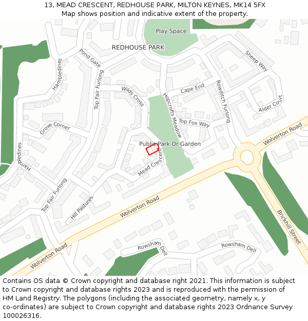 13, MEAD CRESCENT, REDHOUSE PARK, MILTON KEYNES, MK14 5FX: Location map and indicative extent of plot