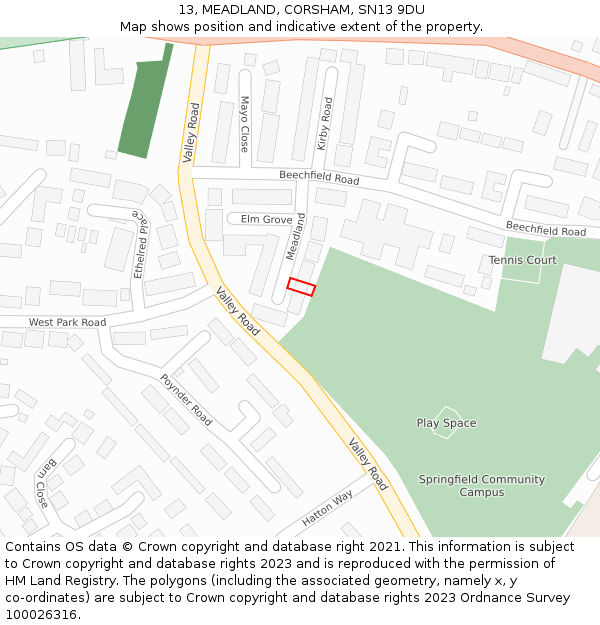 13, MEADLAND, CORSHAM, SN13 9DU: Location map and indicative extent of plot