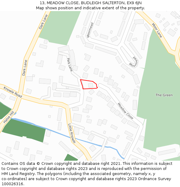 13, MEADOW CLOSE, BUDLEIGH SALTERTON, EX9 6JN: Location map and indicative extent of plot