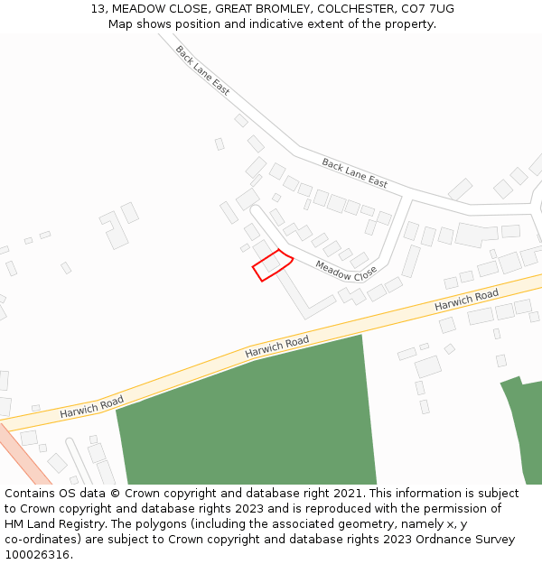 13, MEADOW CLOSE, GREAT BROMLEY, COLCHESTER, CO7 7UG: Location map and indicative extent of plot