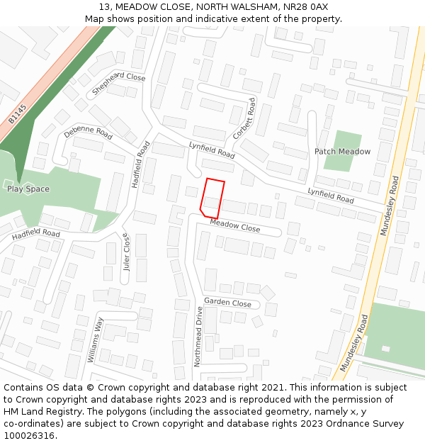 13, MEADOW CLOSE, NORTH WALSHAM, NR28 0AX: Location map and indicative extent of plot