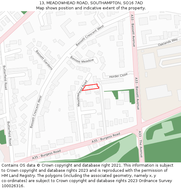 13, MEADOWHEAD ROAD, SOUTHAMPTON, SO16 7AD: Location map and indicative extent of plot