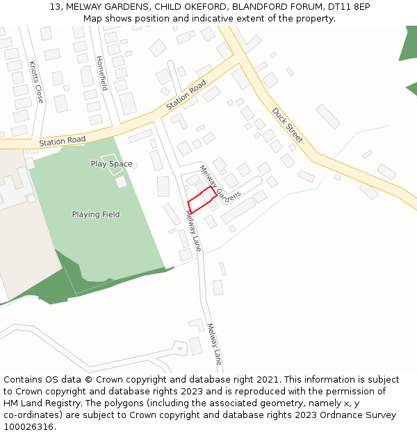 13, MELWAY GARDENS, CHILD OKEFORD, BLANDFORD FORUM, DT11 8EP: Location map and indicative extent of plot