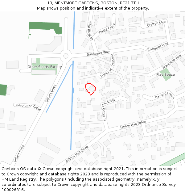 13, MENTMORE GARDENS, BOSTON, PE21 7TH: Location map and indicative extent of plot