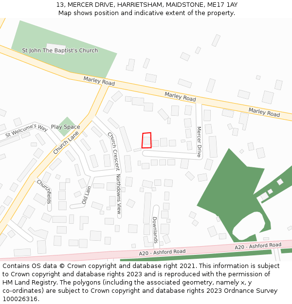 13, MERCER DRIVE, HARRIETSHAM, MAIDSTONE, ME17 1AY: Location map and indicative extent of plot