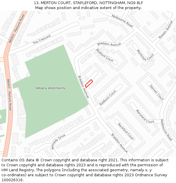 13, MERTON COURT, STAPLEFORD, NOTTINGHAM, NG9 8LF: Location map and indicative extent of plot