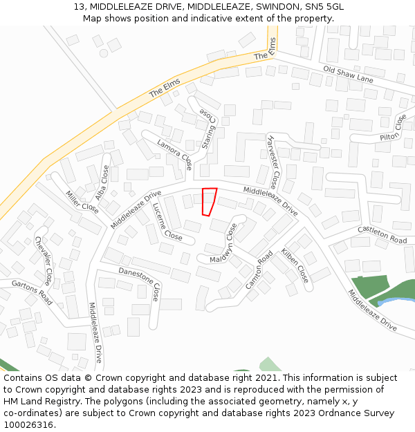 13, MIDDLELEAZE DRIVE, MIDDLELEAZE, SWINDON, SN5 5GL: Location map and indicative extent of plot