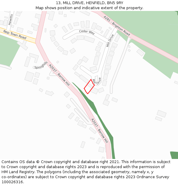 13, MILL DRIVE, HENFIELD, BN5 9RY: Location map and indicative extent of plot