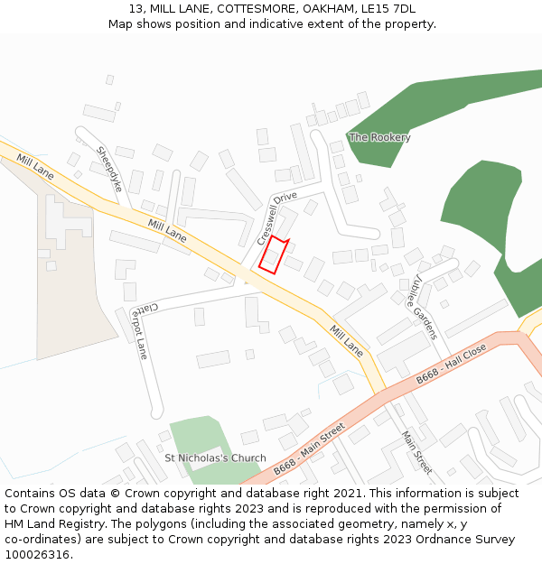 13, MILL LANE, COTTESMORE, OAKHAM, LE15 7DL: Location map and indicative extent of plot