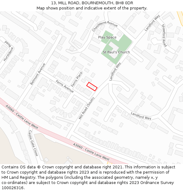 13, MILL ROAD, BOURNEMOUTH, BH8 0DR: Location map and indicative extent of plot